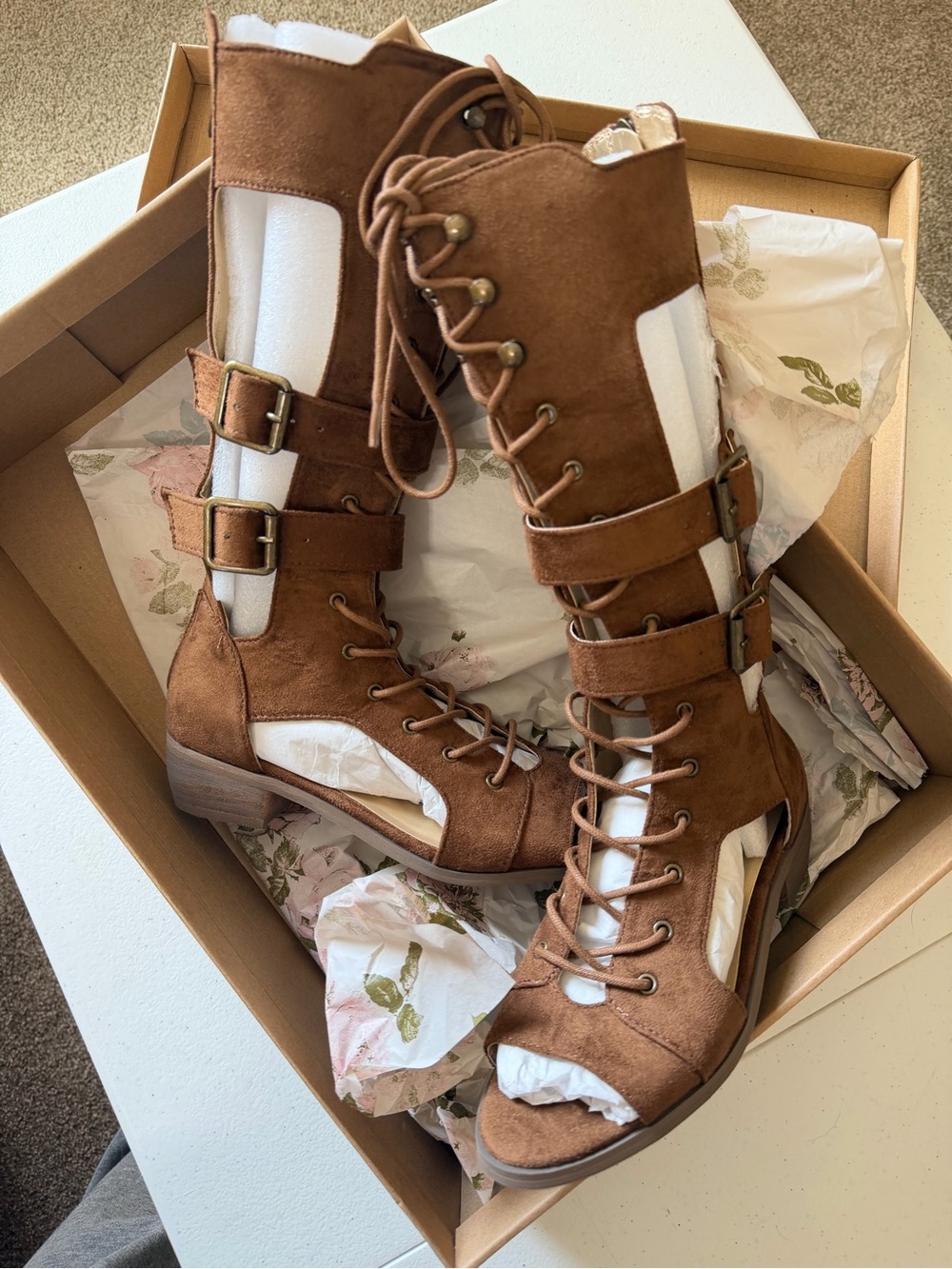 Joyfolie Brown Cutout Lace-Up Gladiator Sandals